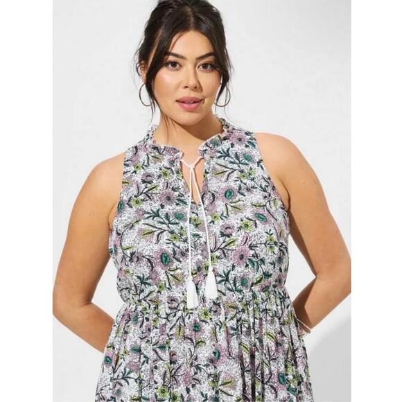 Torrid Midi‎ Wash Gauze Tiered Dress Tassel Neck Elastic Waist Womens Size Large - Picture 1 of 9